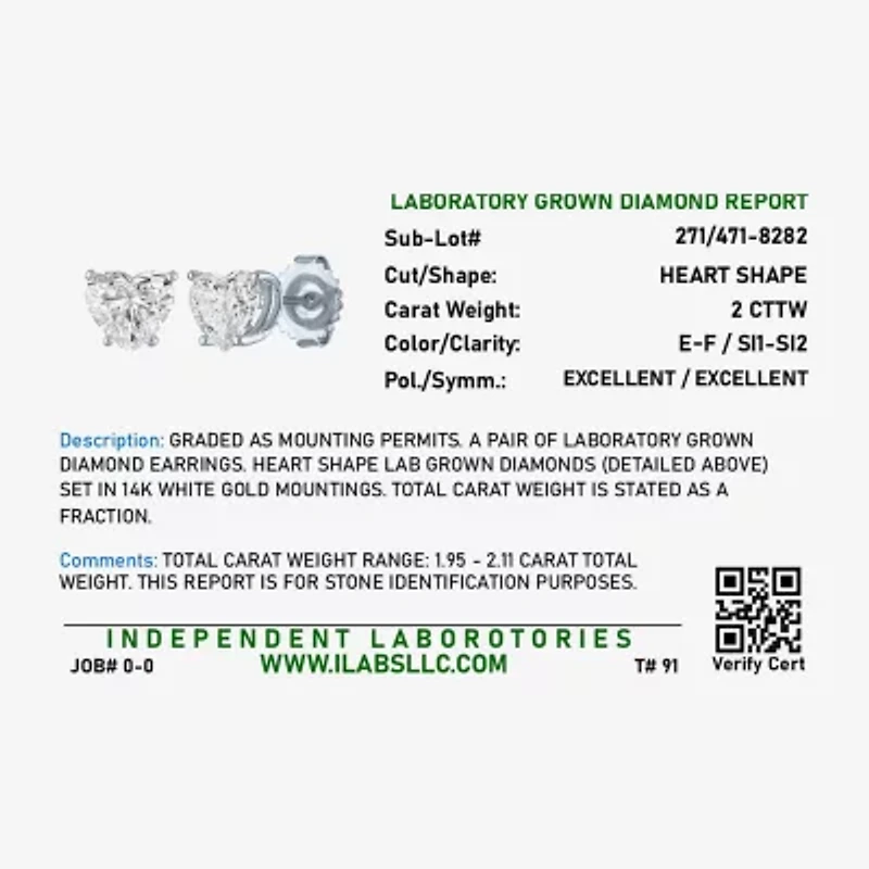 Si1-Si2/E-F 2 CT. T.W. Lab Grown White Diamond 14K White Gold 7.3mm Heart Stud Earrings