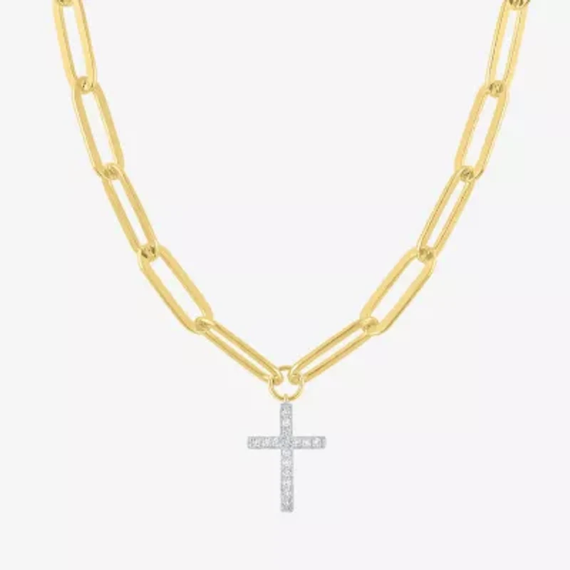 Cross (G-H, Si2-I1) Womens 1/10 CT. T.W. Lab Grown White Diamond 14K Gold Over Silver Cross 18 Inch Pendant Necklace