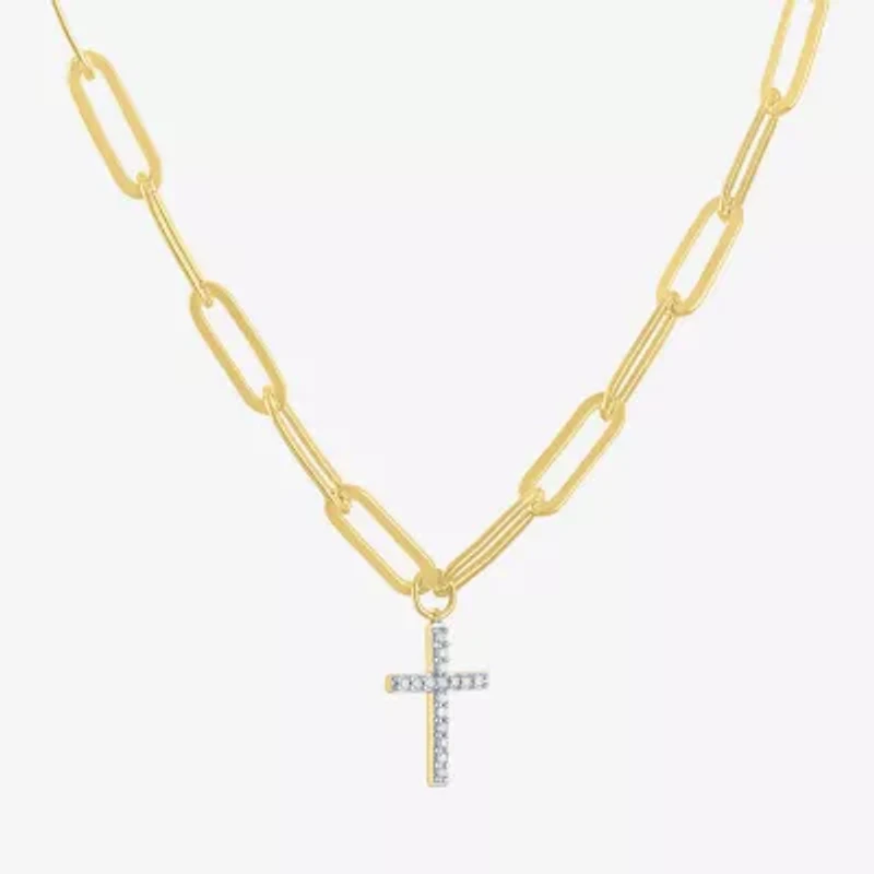 Cross (G-H, Si2-I1) Womens 1/10 CT. T.W. Lab Grown White Diamond 14K Gold Over Silver Cross 18 Inch Pendant Necklace