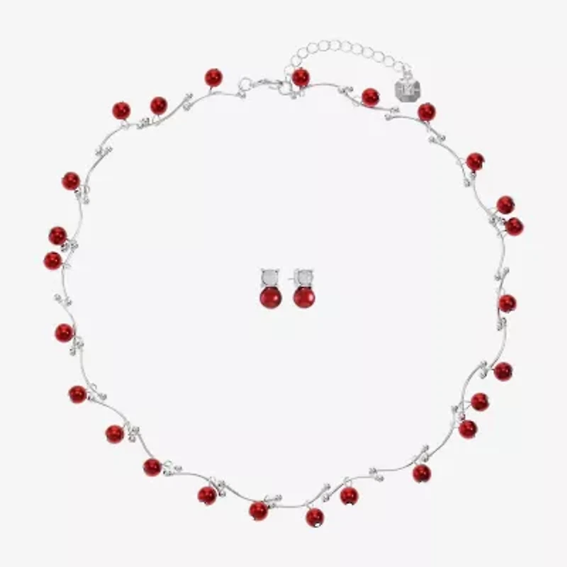 Monet Jewelry Timeless Silver Tone & Red Collar Necklace & Stud Earring Womens Glass Simulated Pearl Round 2-pc. Jewelry Set