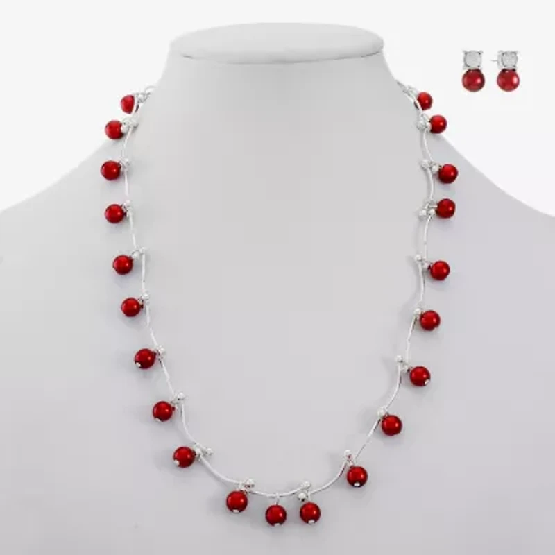 Monet Jewelry Timeless Silver Tone & Red Collar Necklace & Stud Earring Womens Glass Simulated Pearl Round 2-pc. Jewelry Set
