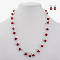 Monet Jewelry Timeless Silver Tone & Red Collar Necklace & Stud Earring Womens Glass Simulated Pearl Round 2-pc. Jewelry Set