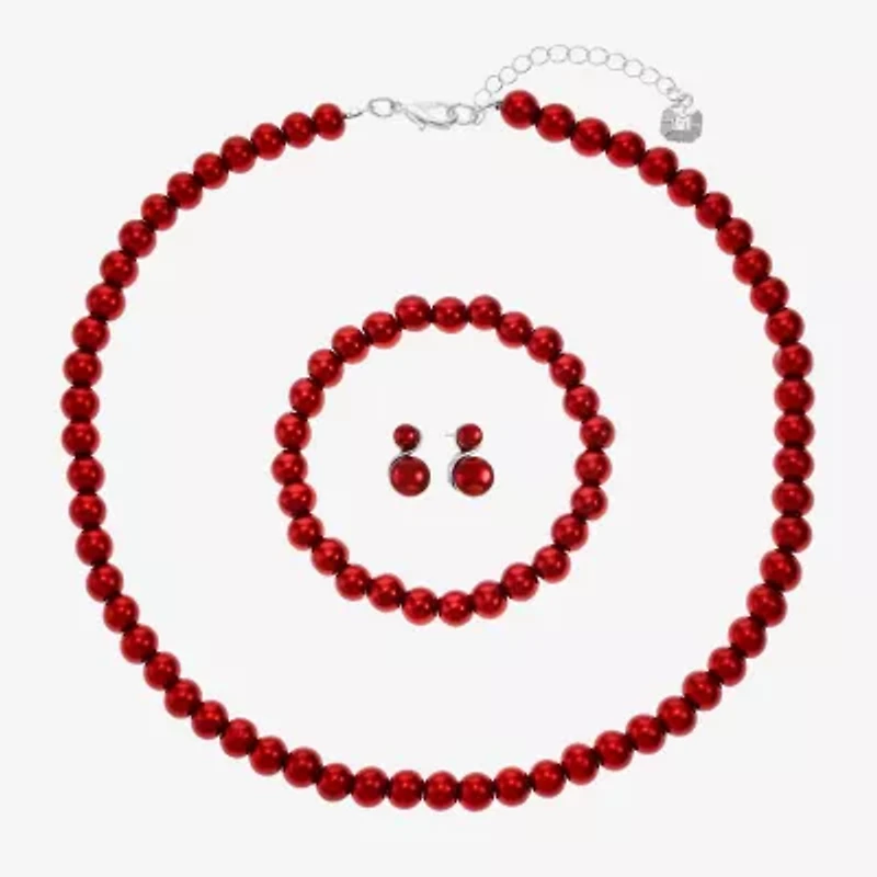 Monet Jewelry Timeless Silver Tone Red Strand Necklace Bracelet & Stud Earring Womens Simulated Pearl Round 3-pc. Jewelry Set