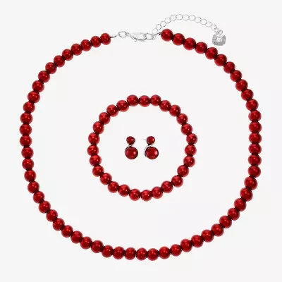 Monet Jewelry Timeless Silver Tone Red Strand Necklace Bracelet & Stud Earring Womens Simulated Pearl Round 3-pc. Jewelry Set