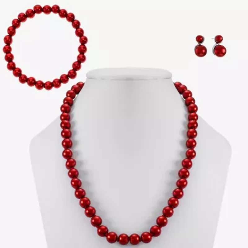 Monet Jewelry Timeless Silver Tone Red Strand Necklace Bracelet & Stud Earring Womens Simulated Pearl Round 3-pc. Jewelry Set