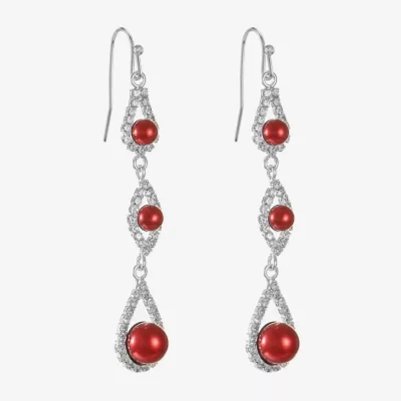 Monet Jewelry Timeless Silver Tone & Red Womens Glass Simulated Pearl Round Drop Earrings