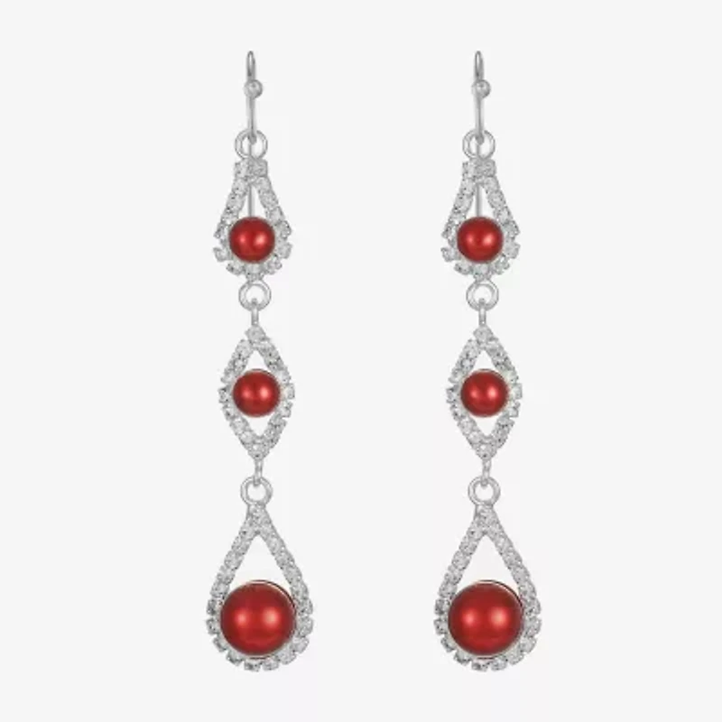 Monet Jewelry Timeless Silver Tone & Red Womens Glass Simulated Pearl Round Drop Earrings