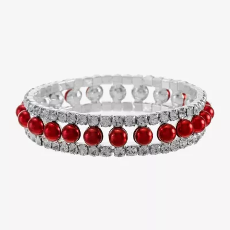 Monet Jewelry Timeless Silver Tone & Red Womens Glass Simulated Pearl Round Stretch Bracelet