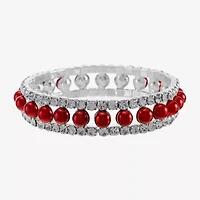 Monet Jewelry Timeless Silver Tone & Red Womens Glass Simulated Pearl Round Stretch Bracelet