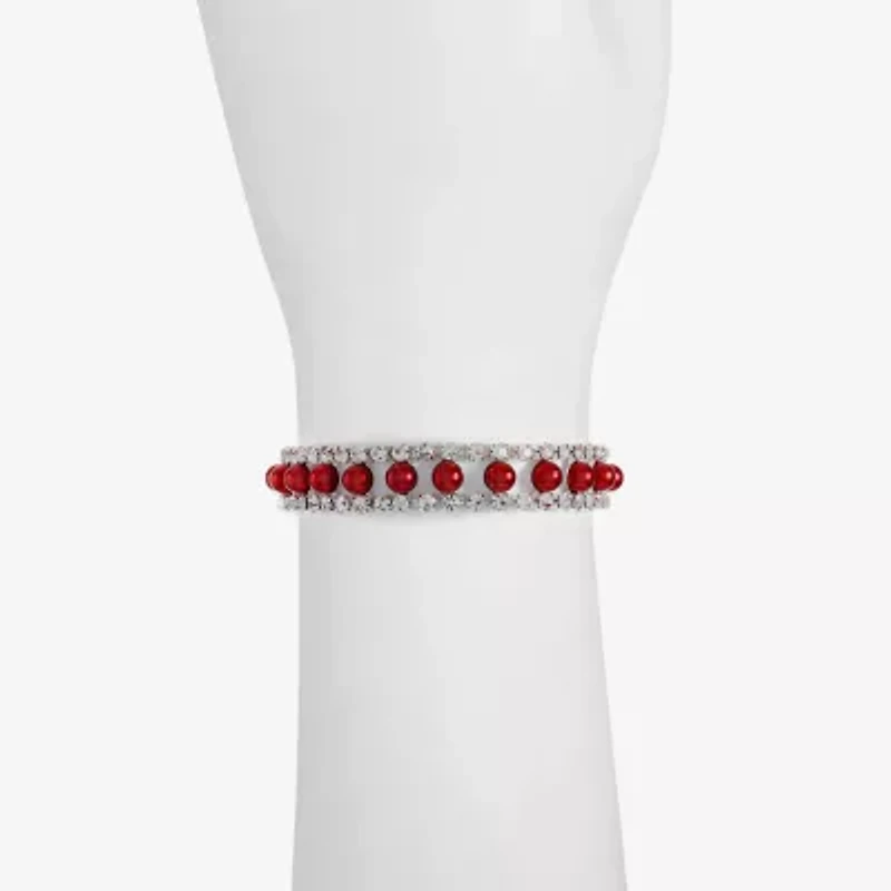 Monet Jewelry Timeless Silver Tone & Red Womens Glass Simulated Pearl Round Stretch Bracelet