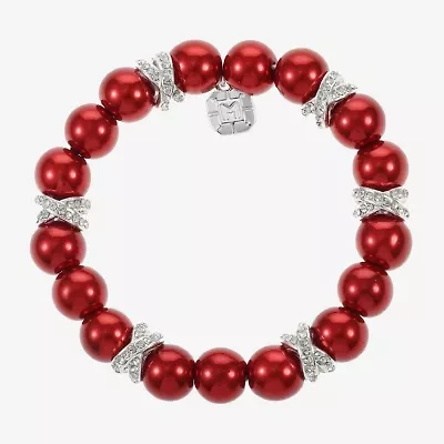 Monet Jewelry Timeless Silver Tone & Red Womens Glass Simulated Pearl Round Stretch Bracelet