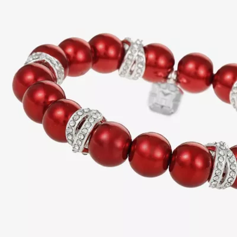 Monet Jewelry Timeless Silver Tone & Red Womens Glass Simulated Pearl Round Stretch Bracelet