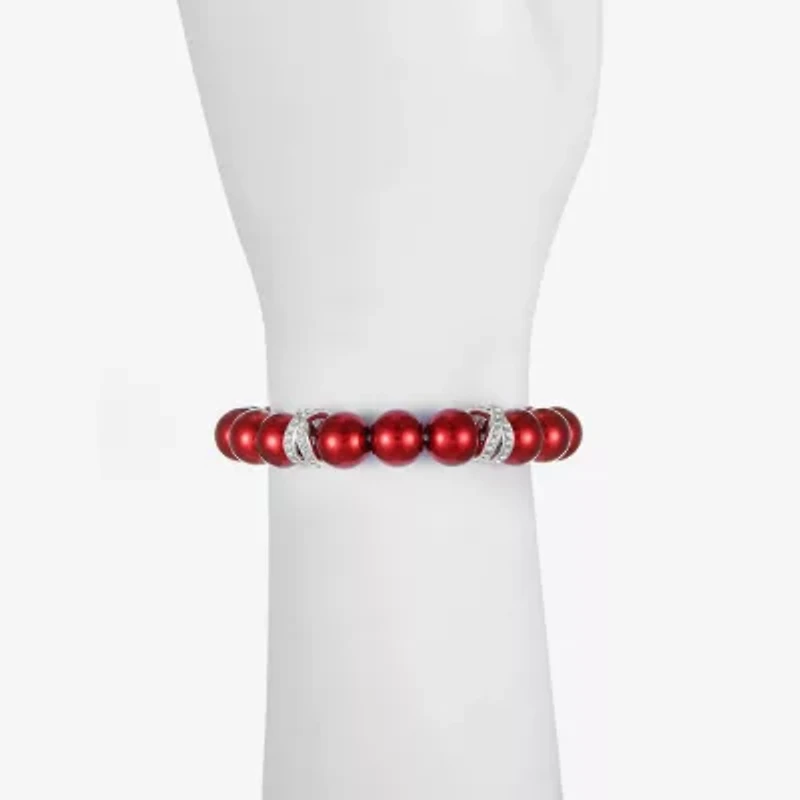 Monet Jewelry Timeless Silver Tone & Red Womens Glass Simulated Pearl Round Stretch Bracelet