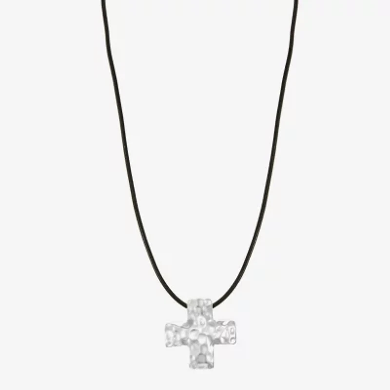 Liz Claiborne Silver Tone Cord Hammered Womens Cross 17 Inch Pendant Necklace