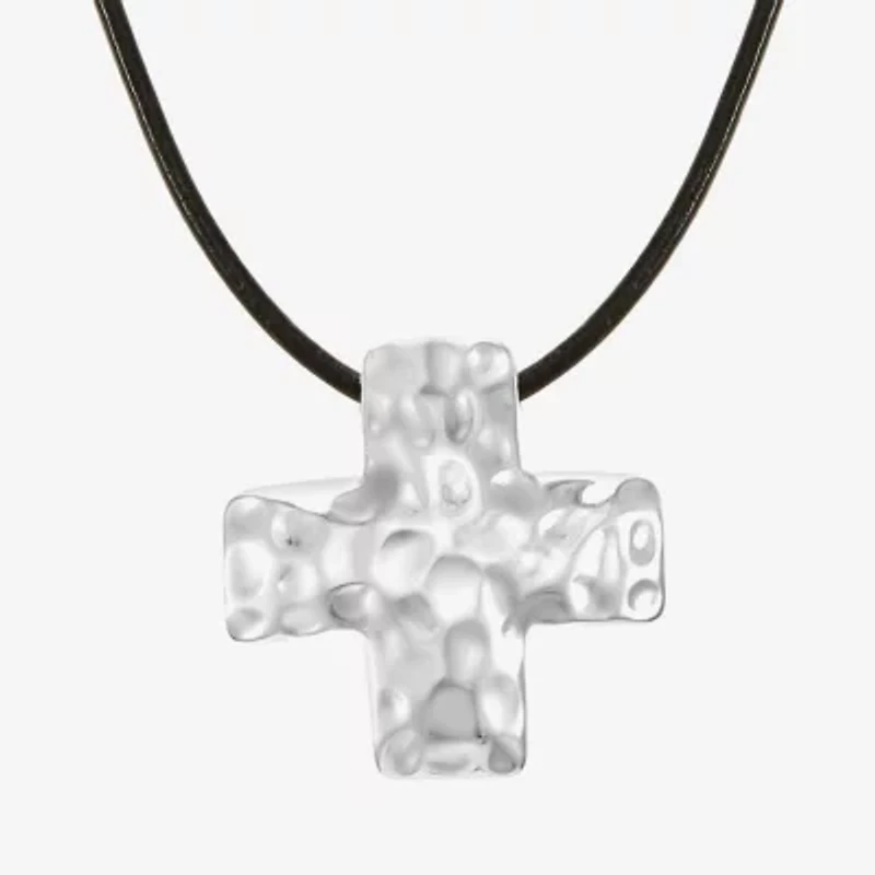 Liz Claiborne Silver Tone Cord Hammered Womens Cross 17 Inch Pendant Necklace