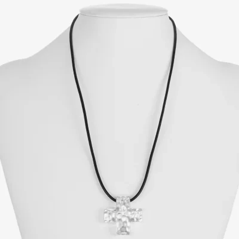 Liz Claiborne Silver Tone Cord Hammered Womens Cross 17 Inch Pendant Necklace
