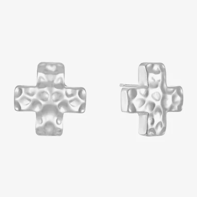 Liz Claiborne Silver Tone Hammered 12.7mm Cross Stud Earrings