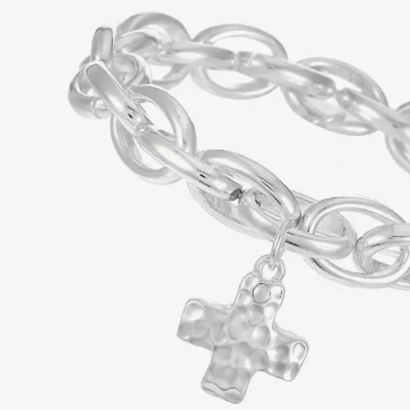 Liz Claiborne Silver Tone Hammered Womens Cross Stretch Bracelet