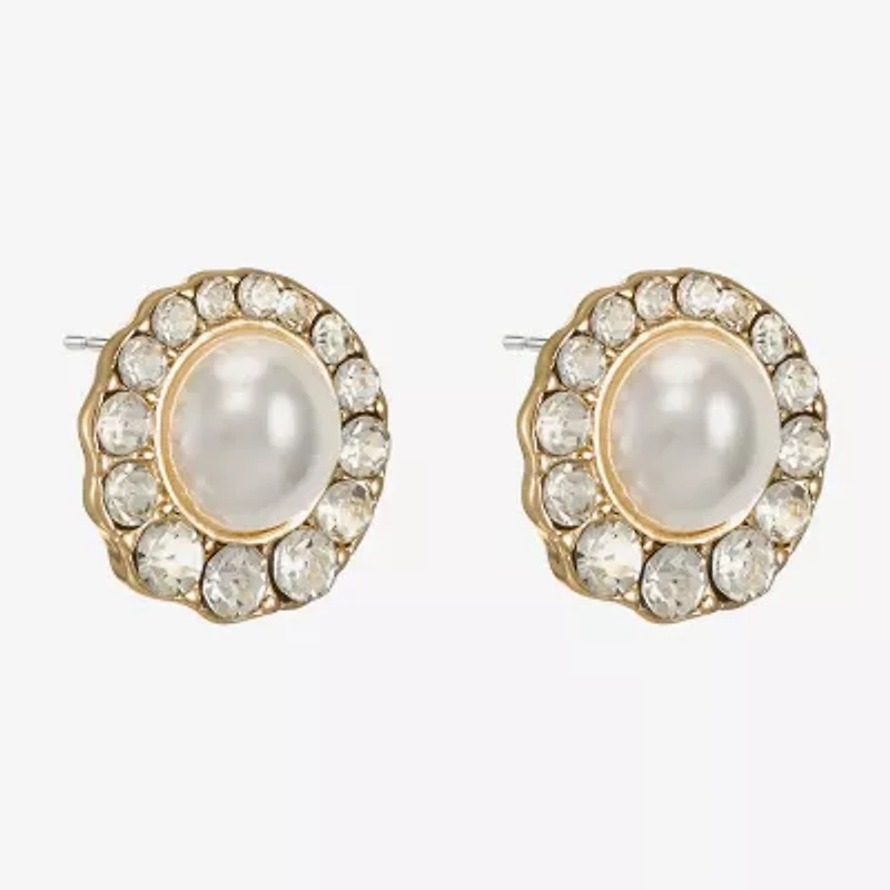 Monet Jewelry Gold Tone Halo Glass Simulated Pearl 10mm Round Stud Earrings