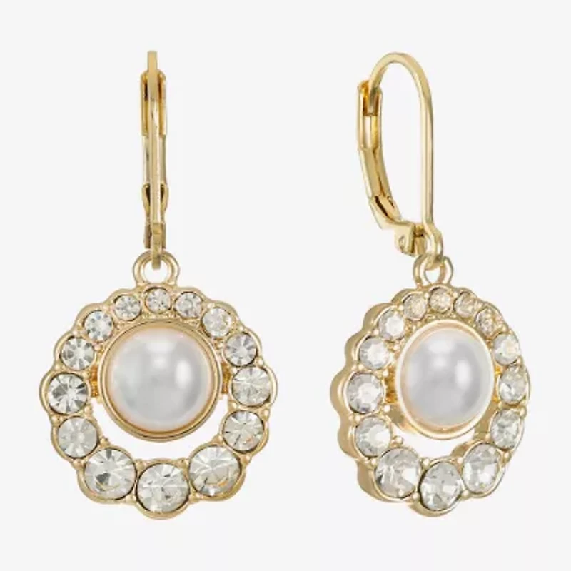 Monet Jewelry Gold Tone Halo Womens Glass Simulated Pearl Round Drop Earrings