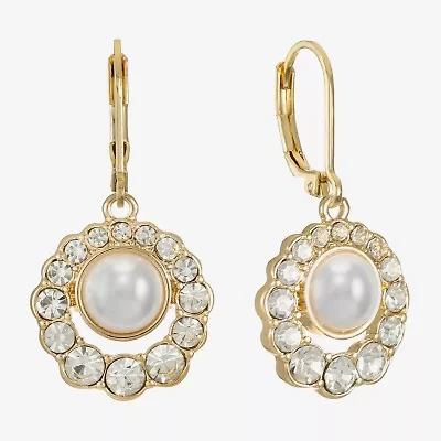 Monet Jewelry Gold Tone Halo Womens Glass Simulated Pearl Round Drop Earrings
