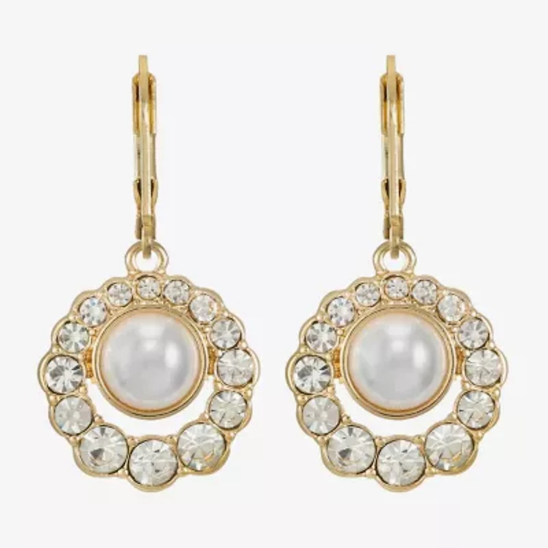 Monet Jewelry Gold Tone Halo Womens Glass Simulated Pearl Round Drop Earrings