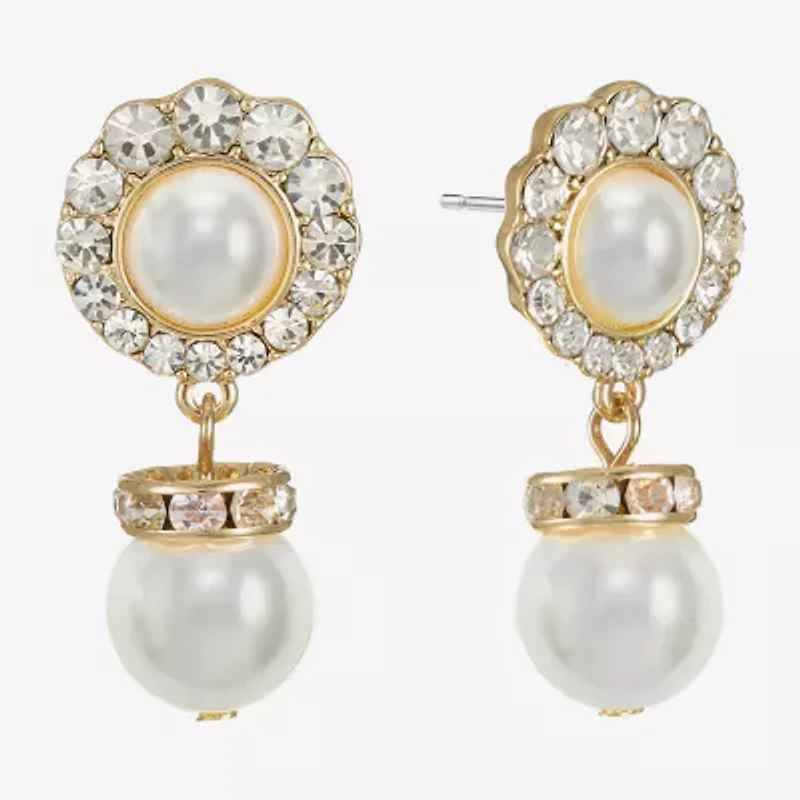 Monet Jewelry Gold Tone Halo Womens Glass Simulated Pearl Round Hypoallergenic Drop Earrings