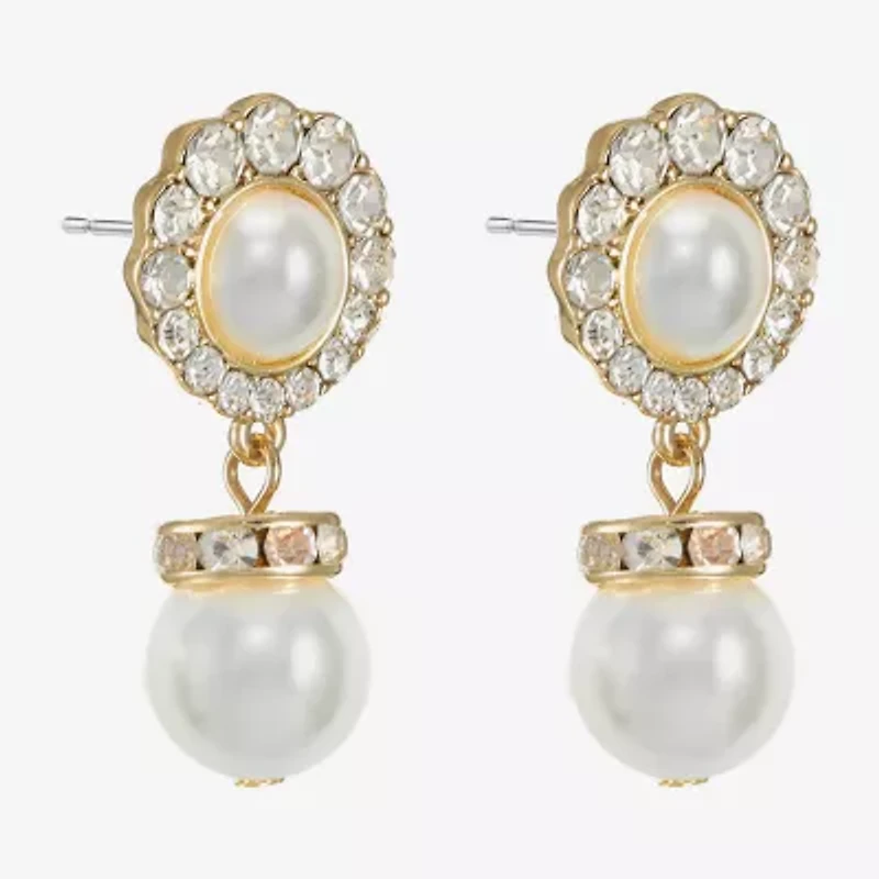Monet Jewelry Gold Tone Halo Womens Glass Simulated Pearl Round Hypoallergenic Drop Earrings