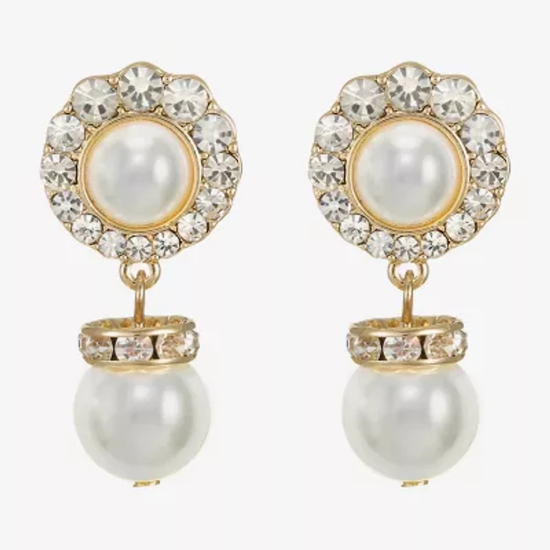 Monet Jewelry Gold Tone Halo Womens Glass Simulated Pearl Round Hypoallergenic Drop Earrings