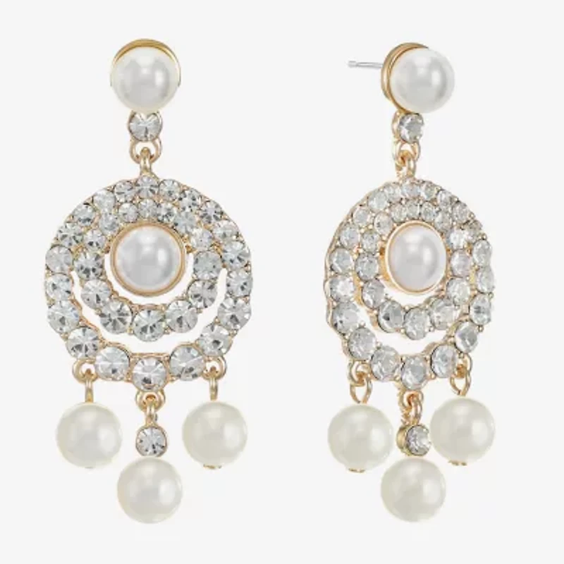 Monet Jewelry Gold Tone Halo Womens Glass Simulated Pearl Round Hypoallergenic Chandelier Earrings