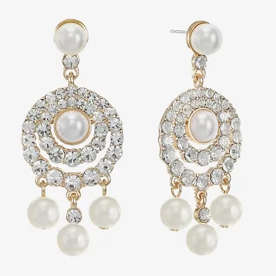 Monet Jewelry Gold Tone Halo Womens Glass Simulated Pearl Round Hypoallergenic Chandelier Earrings