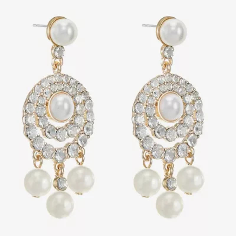 Monet Jewelry Gold Tone Halo Womens Glass Simulated Pearl Round Hypoallergenic Chandelier Earrings