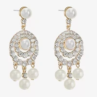 Monet Jewelry Gold Tone Halo Womens Glass Simulated Pearl Round Hypoallergenic Chandelier Earrings