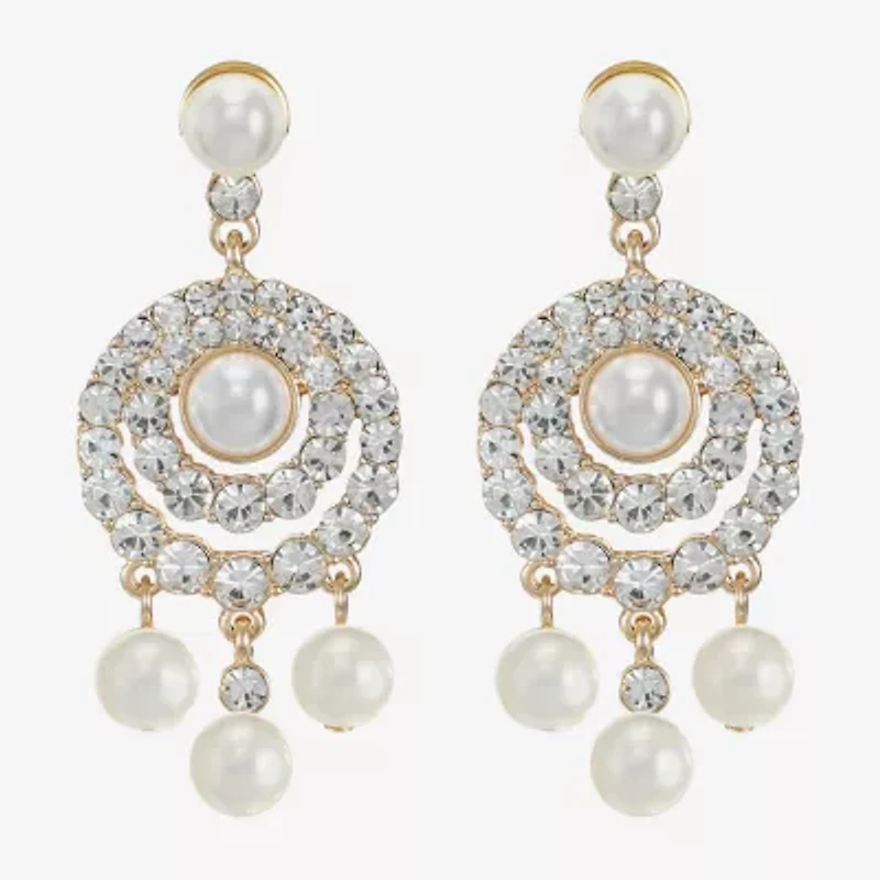 Monet Jewelry Gold Tone Halo Womens Glass Simulated Pearl Round Hypoallergenic Chandelier Earrings