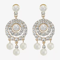Monet Jewelry Gold Tone Halo Womens Glass Simulated Pearl Round Hypoallergenic Chandelier Earrings