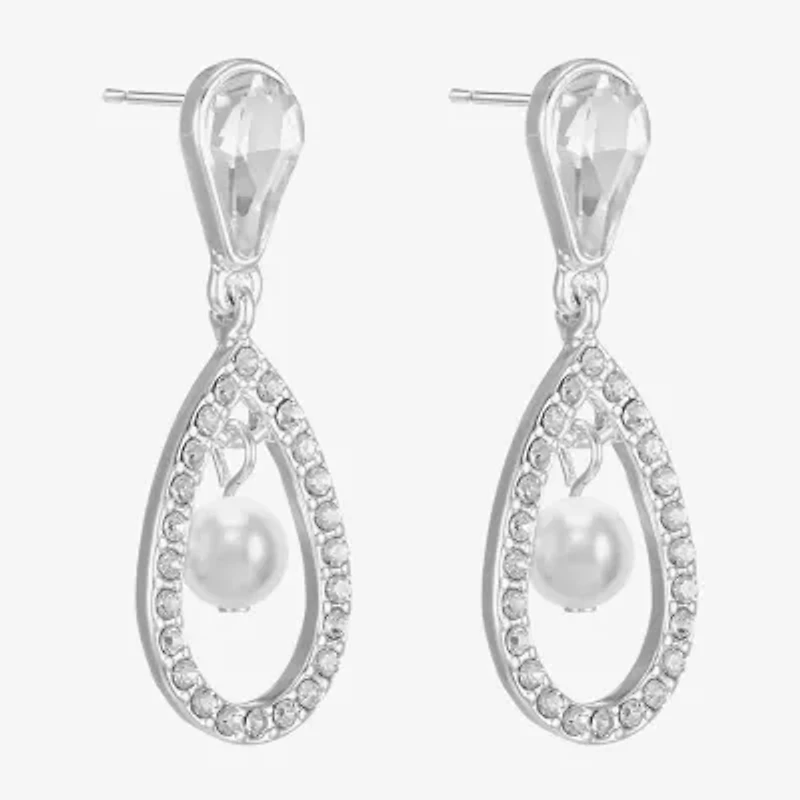 Monet Jewelry Timeless Silver Tone Orbital Womens Glass Simulated Pearl Hypoallergenic Drop Earrings