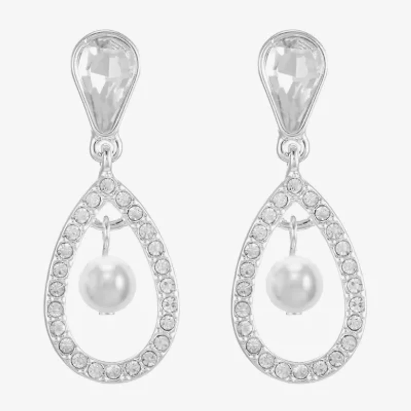Monet Jewelry Timeless Silver Tone Orbital Womens Glass Simulated Pearl Hypoallergenic Drop Earrings