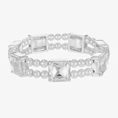 Monet Jewelry Timeless Silver Tone Womens Glass Simulated Pearl Cushion Stretch Bracelet