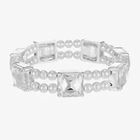 Monet Jewelry Timeless Silver Tone Womens Glass Simulated Pearl Cushion Stretch Bracelet