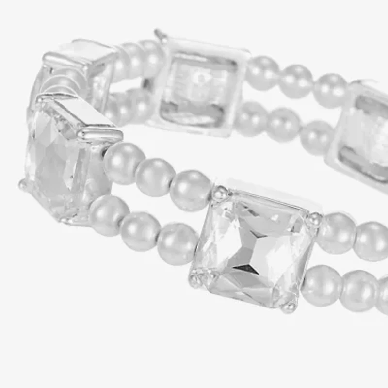 Monet Jewelry Timeless Silver Tone Womens Glass Simulated Pearl Cushion Stretch Bracelet