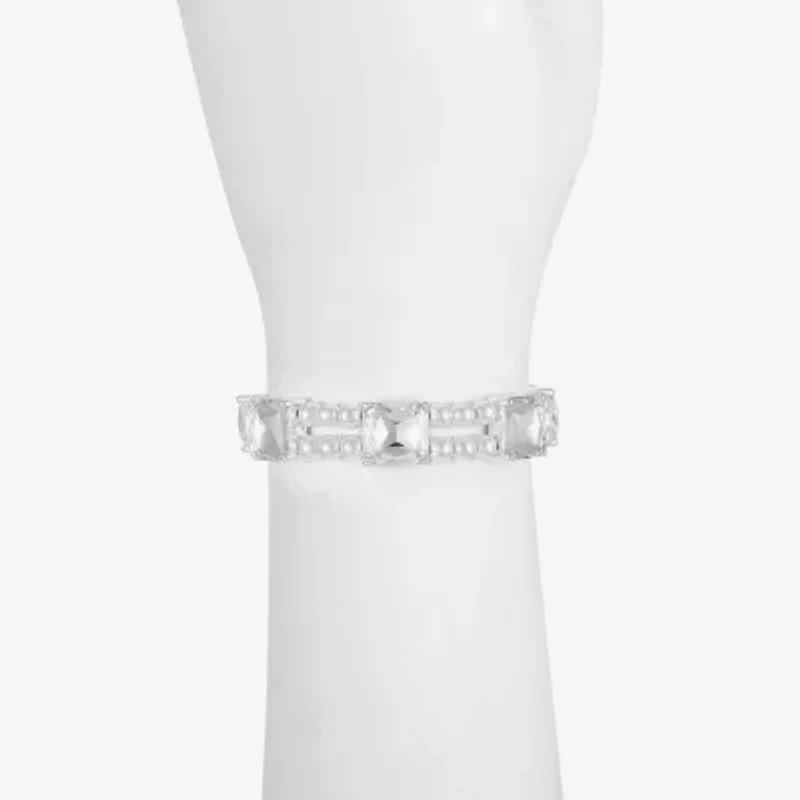 Monet Jewelry Timeless Silver Tone Womens Glass Simulated Pearl Cushion Stretch Bracelet