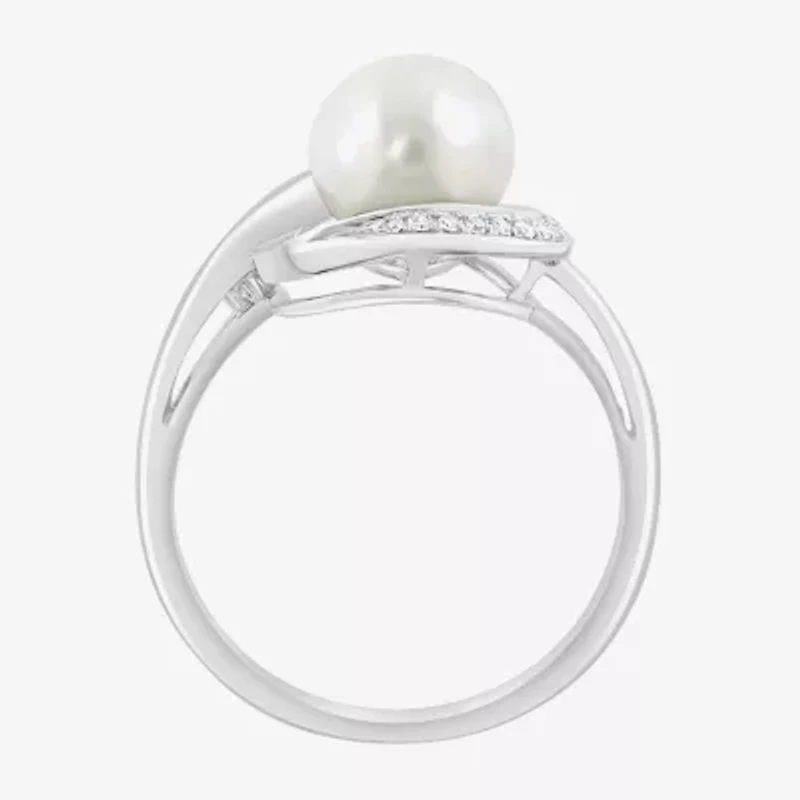 Effy Final Call Womens Diamond Accent 7-7.5MM Genuine White Cultured Freshwater Pearl 14K White Gold Round Cocktail Ring