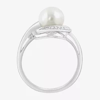 Effy Final Call Womens Diamond Accent 7-7.5MM Genuine White Cultured Freshwater Pearl 14K White Gold Round Cocktail Ring