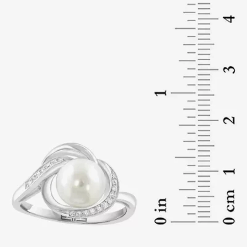 Effy Final Call Womens Diamond Accent 7-7.5MM Genuine White Cultured Freshwater Pearl 14K White Gold Round Cocktail Ring