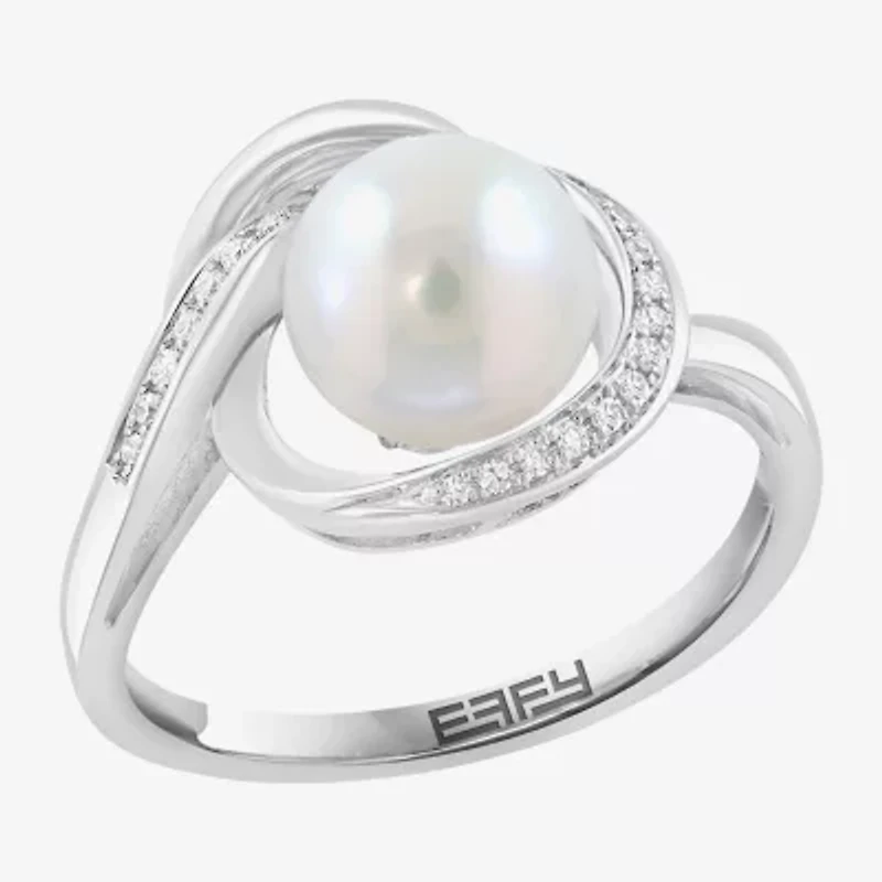Effy Final Call Womens Diamond Accent 7-7.5MM Genuine White Cultured Freshwater Pearl 14K White Gold Round Cocktail Ring