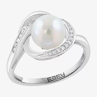 Effy Final Call Womens Diamond Accent 7-7.5MM Genuine White Cultured Freshwater Pearl 14K White Gold Round Cocktail Ring