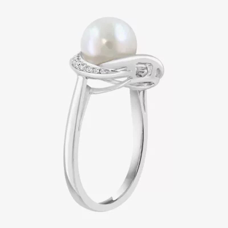 Effy Final Call Womens Diamond Accent 7-7.5MM Genuine White Cultured Freshwater Pearl 14K White Gold Round Cocktail Ring