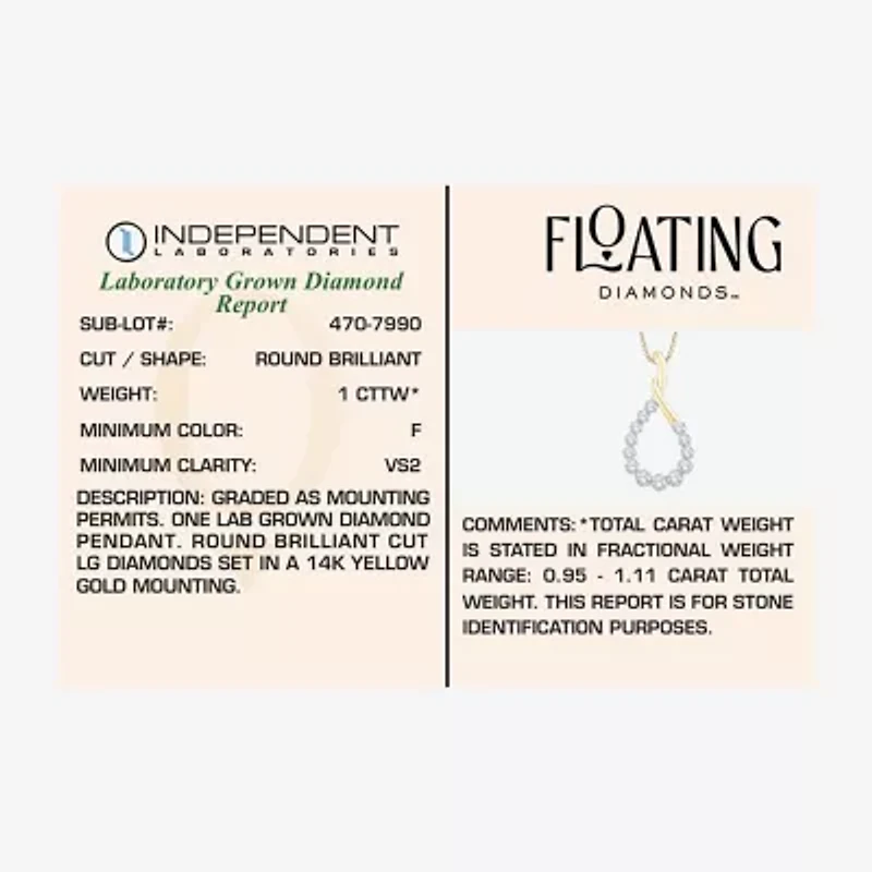 Floating Diamonds (F, Vs2) Womens 1 CT. T.W. Lab Grown White Diamond 14K Gold 18 Inch Pendant Necklace