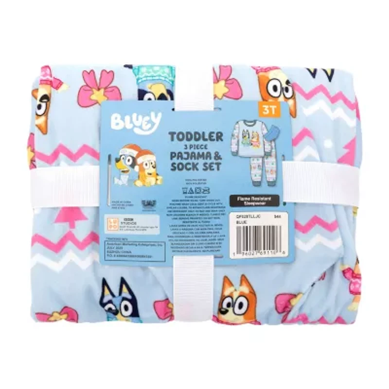 Toddler Girls Bluey Velour Crew Neck Long Sleeve 3-pc. Pajama Sets