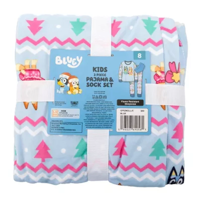 Toddler Girls Bluey Velour Crew Neck Long Sleeve 3-pc. Pajama Sets